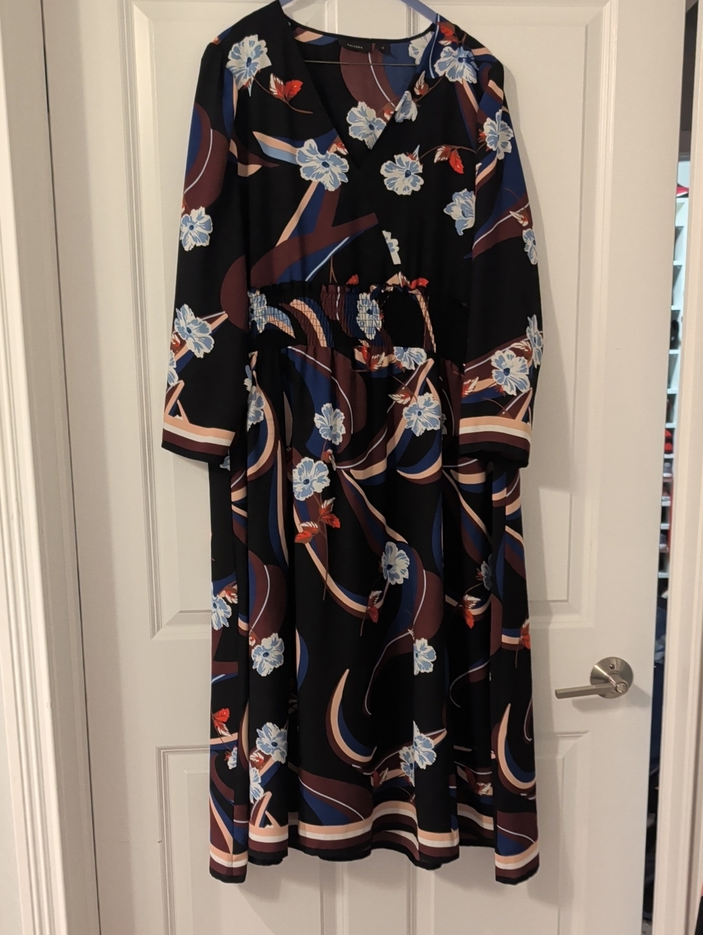 Halogen Black Long-Sleeve Floral Dress with Blue and Brown Accents